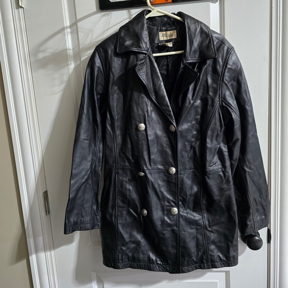 Blushe by Spiegel Leather Jacket Womens Medium Black Double Breasted Pea Coat